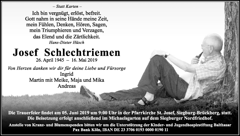  Traueranzeige für Josef Schlechtriemen vom 25.05.2019 aus Kölner Stadt-Anzeiger / Kölnische Rundschau / Express