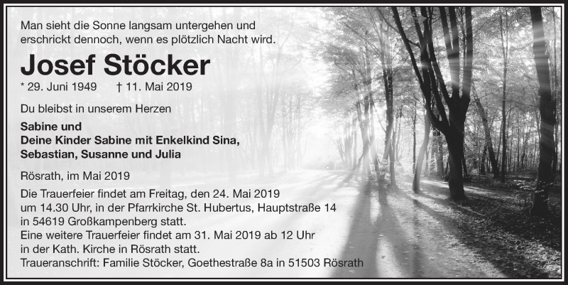  Traueranzeige für Josef Stöcker vom 22.05.2019 aus  Bergisches Handelsblatt 