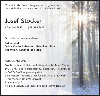 Anzeige von Josef Stöcker von Kölner Stadt-Anzeiger / Kölnische Rundschau / Express