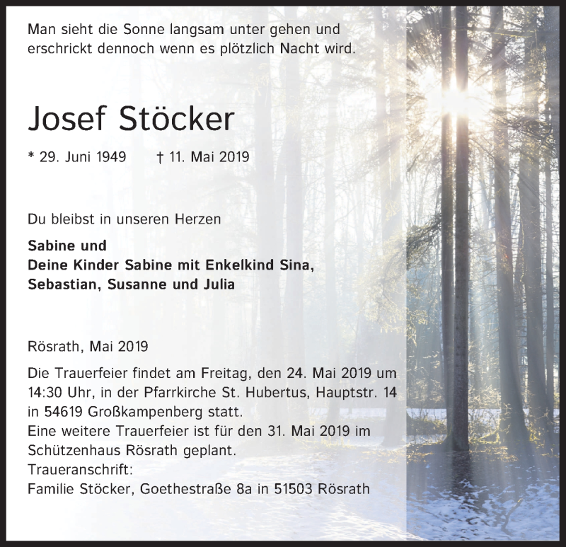 Traueranzeige für Josef Stöcker vom 18.05.2019 aus Kölner Stadt-Anzeiger / Kölnische Rundschau / Express
