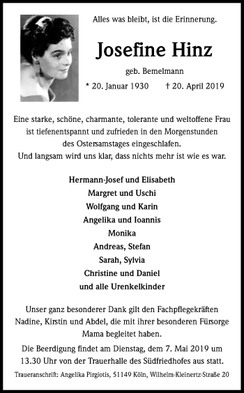 Anzeige von Josefine Hinz von Kölner Stadt-Anzeiger / Kölnische Rundschau / Express