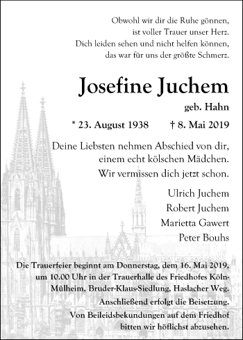 Anzeige von Josefine Juchem von Kölner Stadt-Anzeiger / Kölnische Rundschau / Express