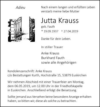 Anzeige von Jutta Krauss von Kölner Stadt-Anzeiger / Kölnische Rundschau / Express