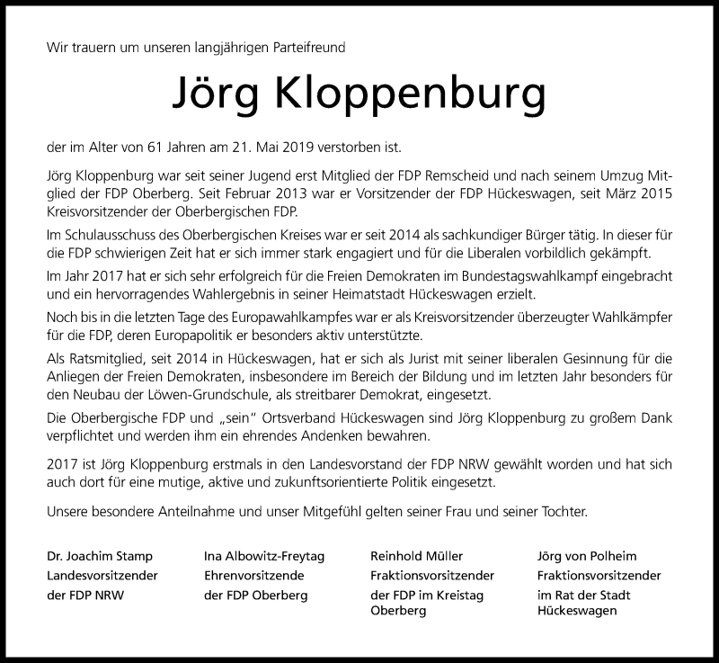  Traueranzeige für Jörg Kloppenburg vom 01.06.2019 aus Kölner Stadt-Anzeiger / Kölnische Rundschau / Express