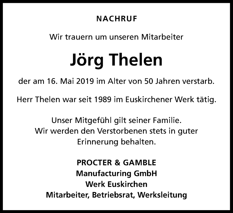  Traueranzeige für Jörg Thelen vom 25.05.2019 aus Kölner Stadt-Anzeiger / Kölnische Rundschau / Express