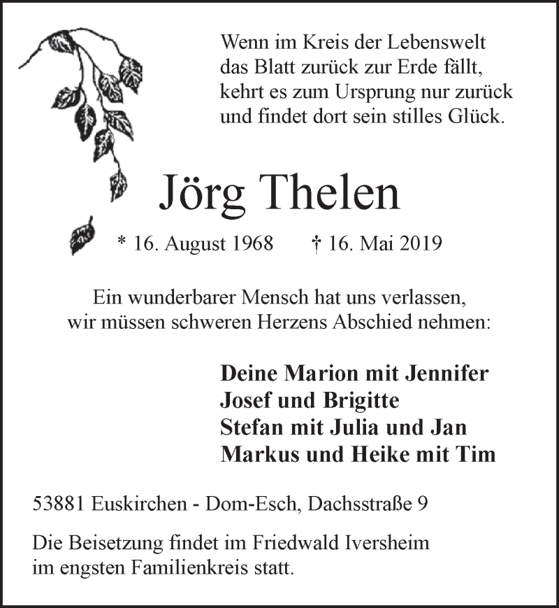  Traueranzeige für Jörg Thelen vom 25.05.2019 aus  Blickpunkt Euskirchen 