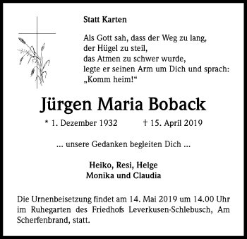 Anzeige von Jürgen Maria Boback von Kölner Stadt-Anzeiger / Kölnische Rundschau / Express