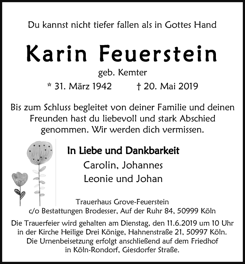  Traueranzeige für Karin Feuerstein vom 25.05.2019 aus Kölner Stadt-Anzeiger / Kölnische Rundschau / Express