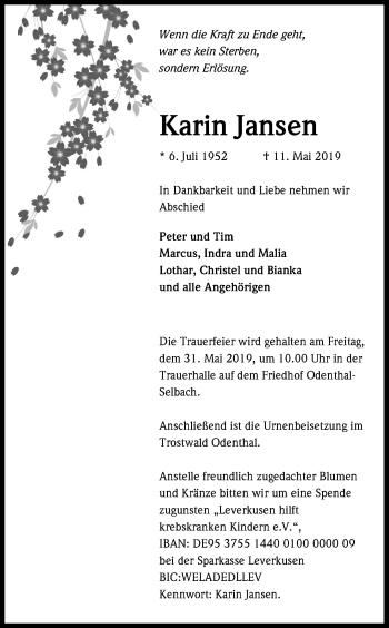 Anzeige von Karin Jansen von Kölner Stadt-Anzeiger / Kölnische Rundschau / Express