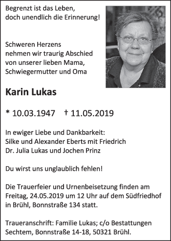 Anzeige von Karin Lukas von  Schlossbote/Werbekurier 