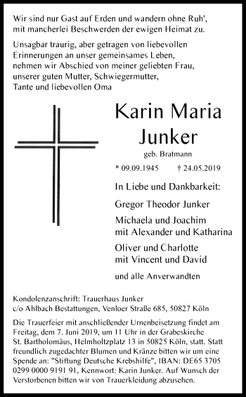 Anzeige von Karin Maria Junker von Kölner Stadt-Anzeiger / Kölnische Rundschau / Express