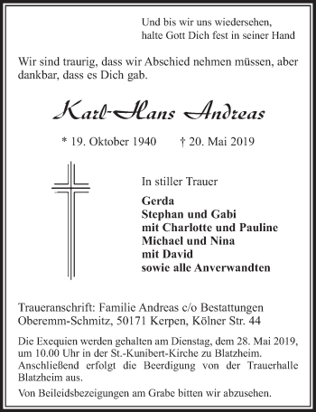 Anzeige von Karl-Hans Andreas von  Sonntags-Post 