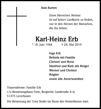 Anzeige von Karl-Heinz Erb von Kölner Stadt-Anzeiger / Kölnische Rundschau / Express