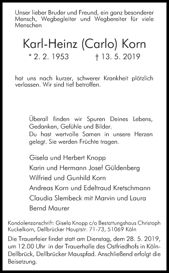 Anzeige von Karl-Heinz Korn von Kölner Stadt-Anzeiger / Kölnische Rundschau / Express
