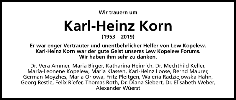  Traueranzeige für Karl-Heinz Korn vom 25.05.2019 aus Kölner Stadt-Anzeiger / Kölnische Rundschau / Express