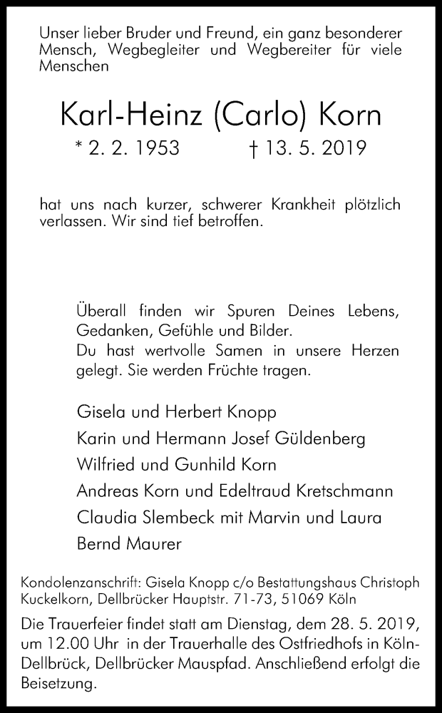  Traueranzeige für Karl-Heinz Korn vom 18.05.2019 aus Kölner Stadt-Anzeiger / Kölnische Rundschau / Express