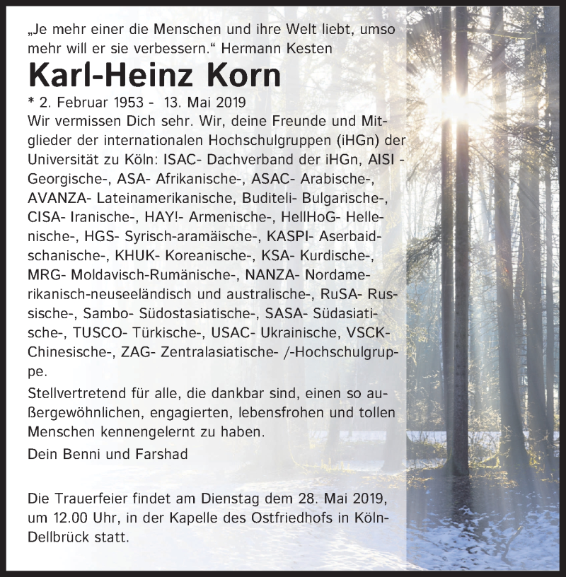  Traueranzeige für Karl-Heinz Korn vom 25.05.2019 aus Kölner Stadt-Anzeiger / Kölnische Rundschau / Express