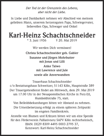 Anzeige von Karl-Heinz Schachtschneider von  Kölner Wochenspiegel 