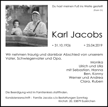 Anzeige von Karl Jacobs von Kölner Stadt-Anzeiger / Kölnische Rundschau / Express