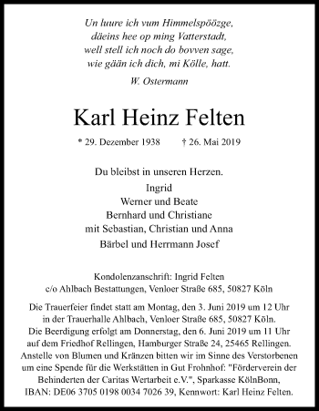 Anzeige von Karl Heinz Felten von Kölner Stadt-Anzeiger / Kölnische Rundschau / Express