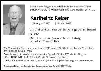 Anzeige von Karlheinz Reiser von Kölner Stadt-Anzeiger / Kölnische Rundschau / Express