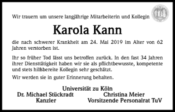 Anzeige von Karola Kann von Kölner Stadt-Anzeiger / Kölnische Rundschau / Express