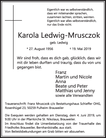 Anzeige von Karola Ledwig-Mrusczok von  Sonntags-Post 