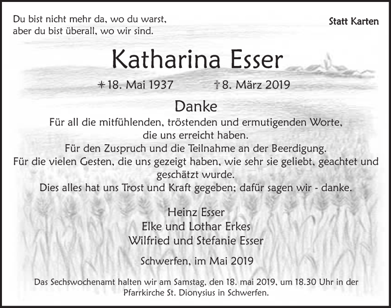  Traueranzeige für Katharina Esser vom 11.05.2019 aus  Blickpunkt Euskirchen 