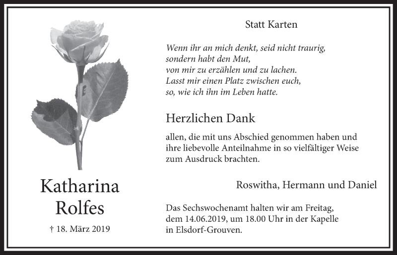 Traueranzeige für Katharina Rolfes vom 01.06.2019 aus  Sonntags-Post 