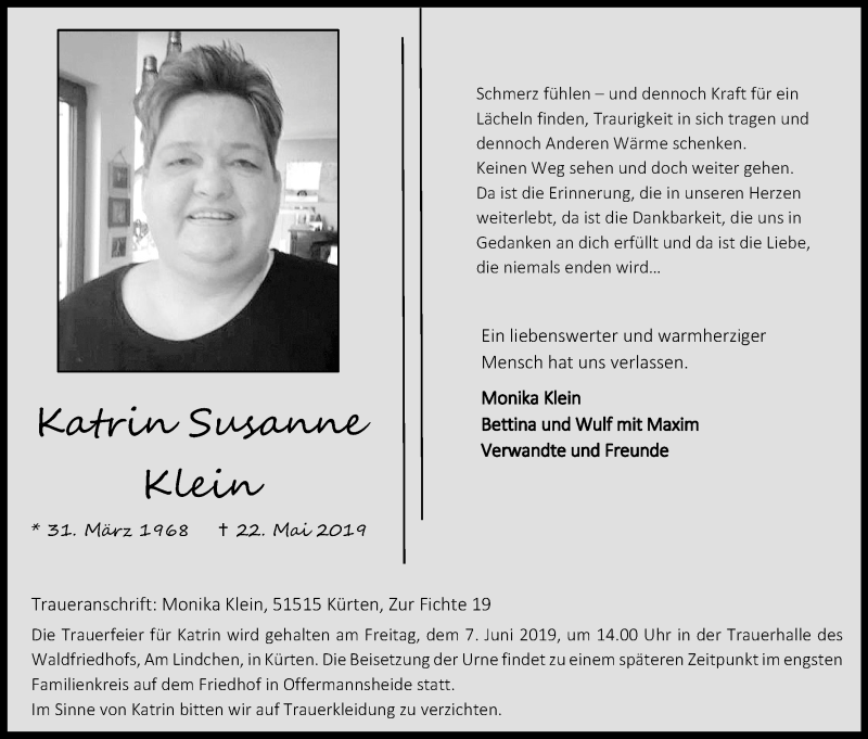 Traueranzeige für Katrin Susanne Klein vom 29.05.2019 aus Kölner Stadt-Anzeiger / Kölnische Rundschau / Express