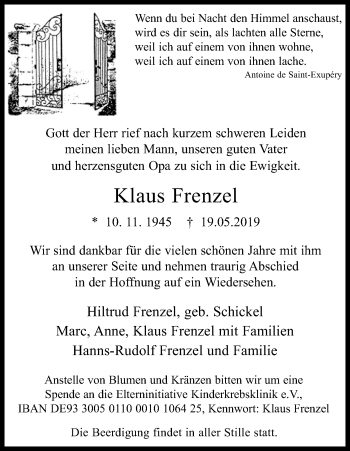 Anzeige von Klaus Frenzel von Kölner Stadt-Anzeiger / Kölnische Rundschau / Express