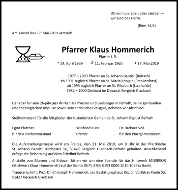 Anzeige von Klaus Hommerich von Kölner Stadt-Anzeiger / Kölnische Rundschau / Express