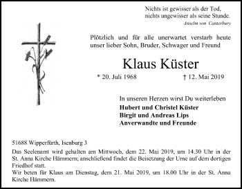 Anzeige von Klaus Küster von Kölner Stadt-Anzeiger / Kölnische Rundschau / Express