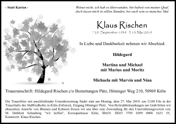 Anzeige von Klaus Rischen von Kölner Stadt-Anzeiger / Kölnische Rundschau / Express