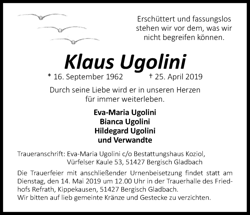  Traueranzeige für Klaus Ugolini vom 09.05.2019 aus Kölner Stadt-Anzeiger / Kölnische Rundschau / Express