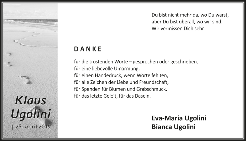  Traueranzeige für Klaus Ugolini vom 22.05.2019 aus  Bergisches Handelsblatt 