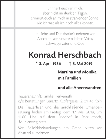 Anzeige von Konrad Herschbach von  Kölner Wochenspiegel 