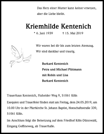 Anzeige von Kriemhilde Kentenich von Kölner Stadt-Anzeiger / Kölnische Rundschau / Express
