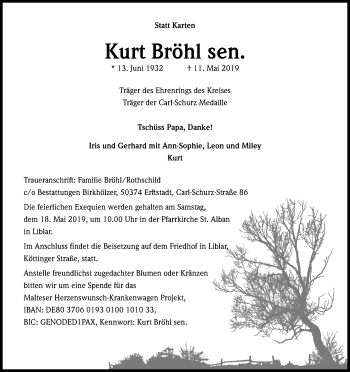 Anzeige von Kurt Bröhl von Kölner Stadt-Anzeiger / Kölnische Rundschau / Express