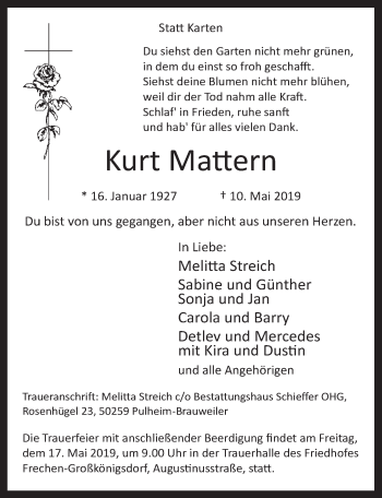 Anzeige von Kurt Mattern von  Wochenende 