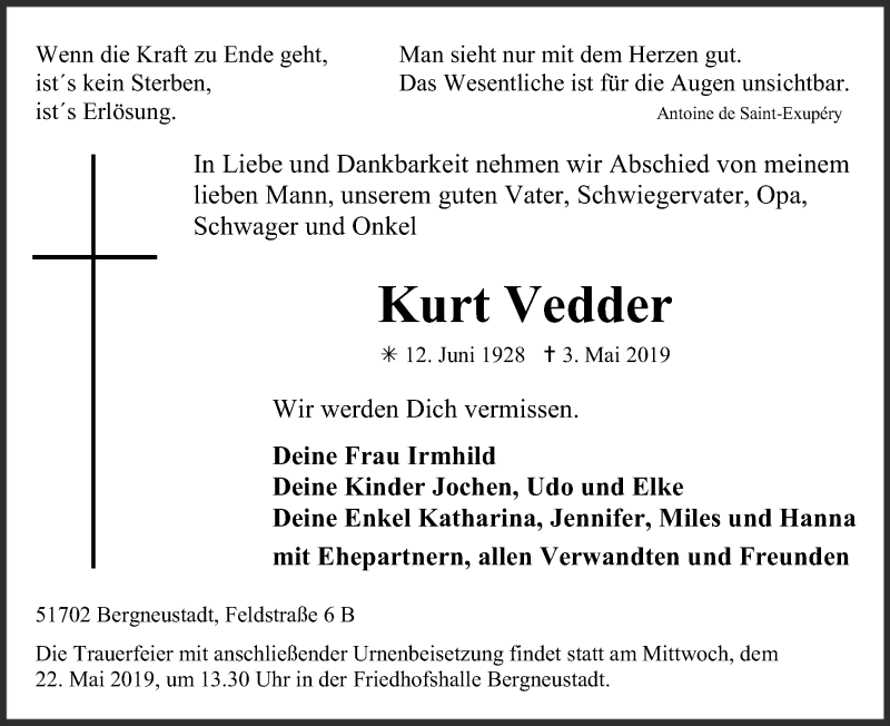  Traueranzeige für Kurt Vedder vom 11.05.2019 aus Kölner Stadt-Anzeiger / Kölnische Rundschau / Express