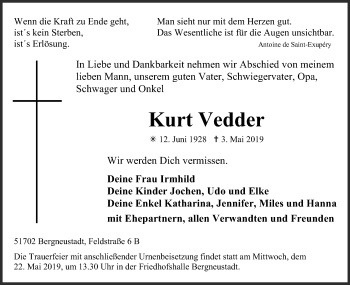 Anzeige von Kurt Vedder von Kölner Stadt-Anzeiger / Kölnische Rundschau / Express