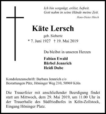 Anzeige von Käte Lersch von Kölner Stadt-Anzeiger / Kölnische Rundschau / Express