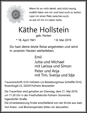 Anzeige von Käthe Hollstein von  Sonntags-Post 