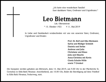 Anzeige von Leo Bietmann von Kölner Stadt-Anzeiger / Kölnische Rundschau / Express