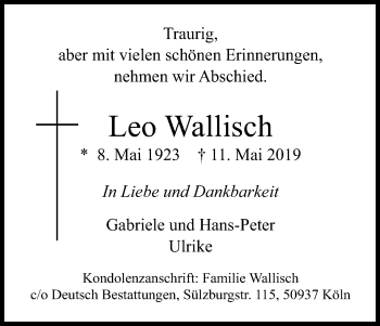 Anzeige von Leo Wallisch von Kölner Stadt-Anzeiger / Kölnische Rundschau / Express