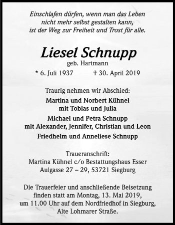 Anzeige von Liesel Schnupp von Kölner Stadt-Anzeiger / Kölnische Rundschau / Express