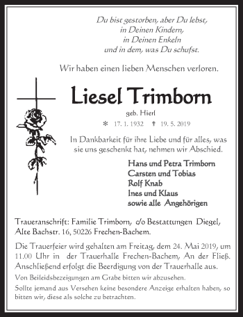 Anzeige von Liesel Trimborn von  Wochenende 