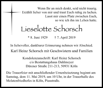 Anzeige von Lieselotte Schorsch von Kölner Stadt-Anzeiger / Kölnische Rundschau / Express