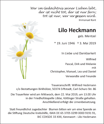 Anzeige von Lilo Heckmann von  Werbepost 